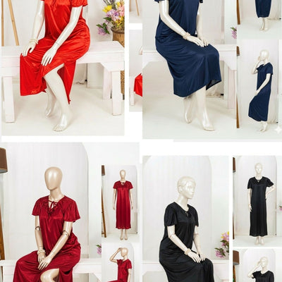 Silk Satin Bow Tie Maxi Night Dress for Women – Elegant Short Sleeve Nighty (Free Size)