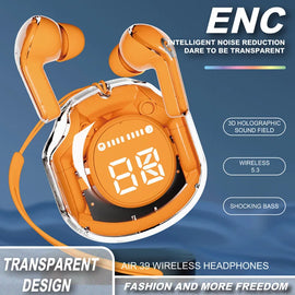 Air 39 Wireless Earbuds – Transparent TWS Bluetooth 5.3 Earphones with ENC Noise Reduction, Deep Bass & LED Display