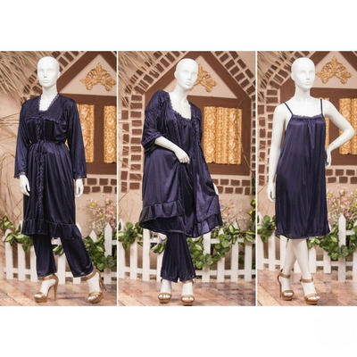 3-Piece Silk Nightwear Set for Women – Satin Gown, Inner Top & Trouser Sleepwear (Free Size)