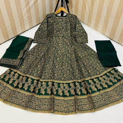 Green Katan Silk Maxi Suit Set for Women – Block Printed (Medium)