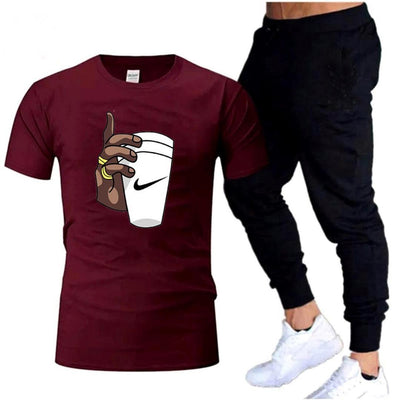 Men’s Cotton Printed 2-Piece Track Suit – Black & Maroon T-Shirt Set