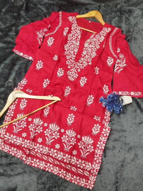 Red Embroidered Linen Kurta for Women – Medium Size