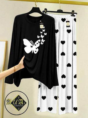 Women Black Printed Night Suit – Heart & Butterfly Jersey Set (2 Pc)
