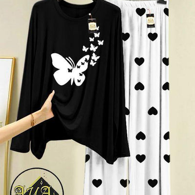 Women Black Printed Night Suit – Heart & Butterfly Jersey Set (2 Pc)