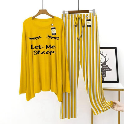 Women Yellow Striped Night Suit – Cotton Jersey 2 Pc Sleepwear Set