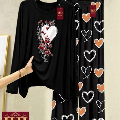 Women Black Heart Printed Night Suit – Cotton Jersey 2 Pc Sleepwear