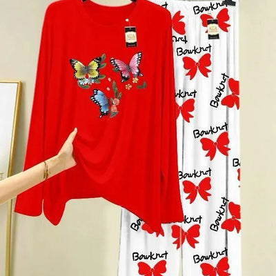 Women Red Printed Night Suit – Jersey 2 Pc Butterfly & Bow Sleepwear