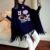 Blue Printed High Neck Fringe Poncho for Women – Winter Wear