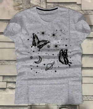 Women Grey Butterfly Star Printed T-Shirt – Cotton Casual Wear