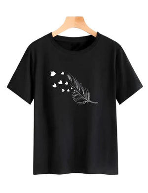 Women Black Feather Heart Printed T-Shirt – Cotton Casual Wear