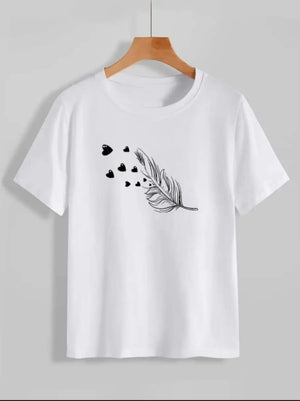 Women White Feather Heart Printed T-Shirt – Cotton Casual Wear