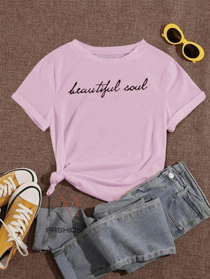 Women Pink “Beautiful Soul” Printed T-Shirt – Cotton Casual Wear