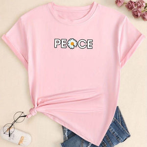 Women Pink Peace Daisy Printed T-Shirt – Cotton Casual Wear