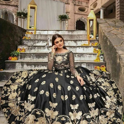 Black Embroidered Lehenga Set – Shamoz Silk Flared Skirt (2 Pc)