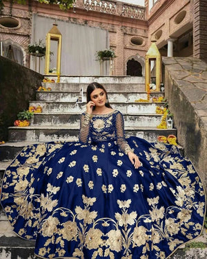 Blue Embroidered Lehenga Set – Shamoz Silk Flared Skirt (2 Pc)