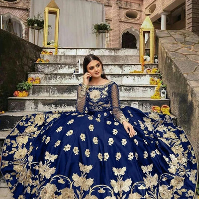 Blue Embroidered Lehenga Set – Shamoz Silk Flared Skirt (2 Pc)