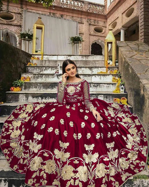 Maroon Embroidered Lehenga Set – Shamoz Silk Flared Skirt (2 Pc)