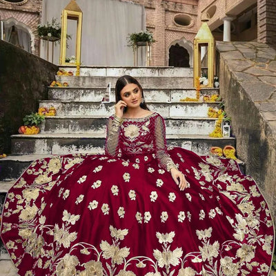 Maroon Embroidered Lehenga Set – Shamoz Silk Flared Skirt (2 Pc)