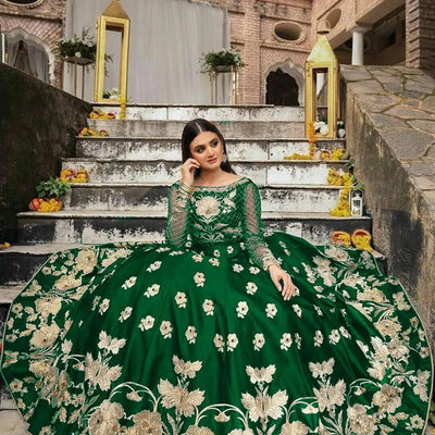Green Embroidered Lehenga Set – Shamoz Silk Flared Skirt (2 Pc)