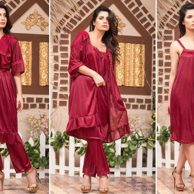 Women Silk 3 Pc Night Suit – Lace Robe Sleepwear Set (Multi Color)