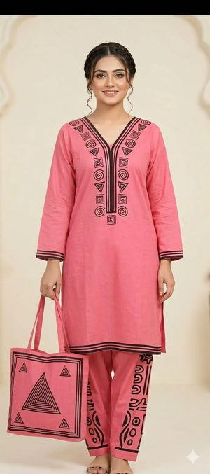 Printed Linen 3 Pc Suit for Women with Bag – Summer & Eid Wear (Standard Size)
