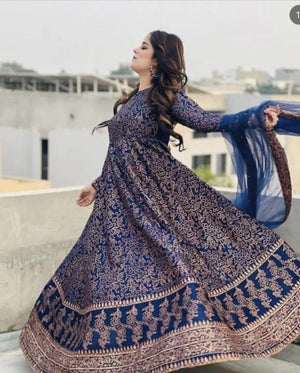 Blue Katan Silk 3 Pc Anarkali Suit for Women – Steam Printed (Medium)