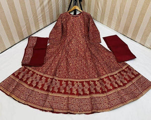 Red Katan Silk 3 Pc Suit for Women – Steam Printed Maxi Dress (Medium)