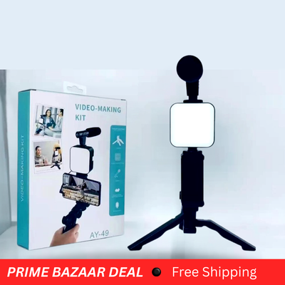 High Quality Vlogging Kit – Mobile & DSLR Tripod, Microphone & 360° LED Video Recording Setup